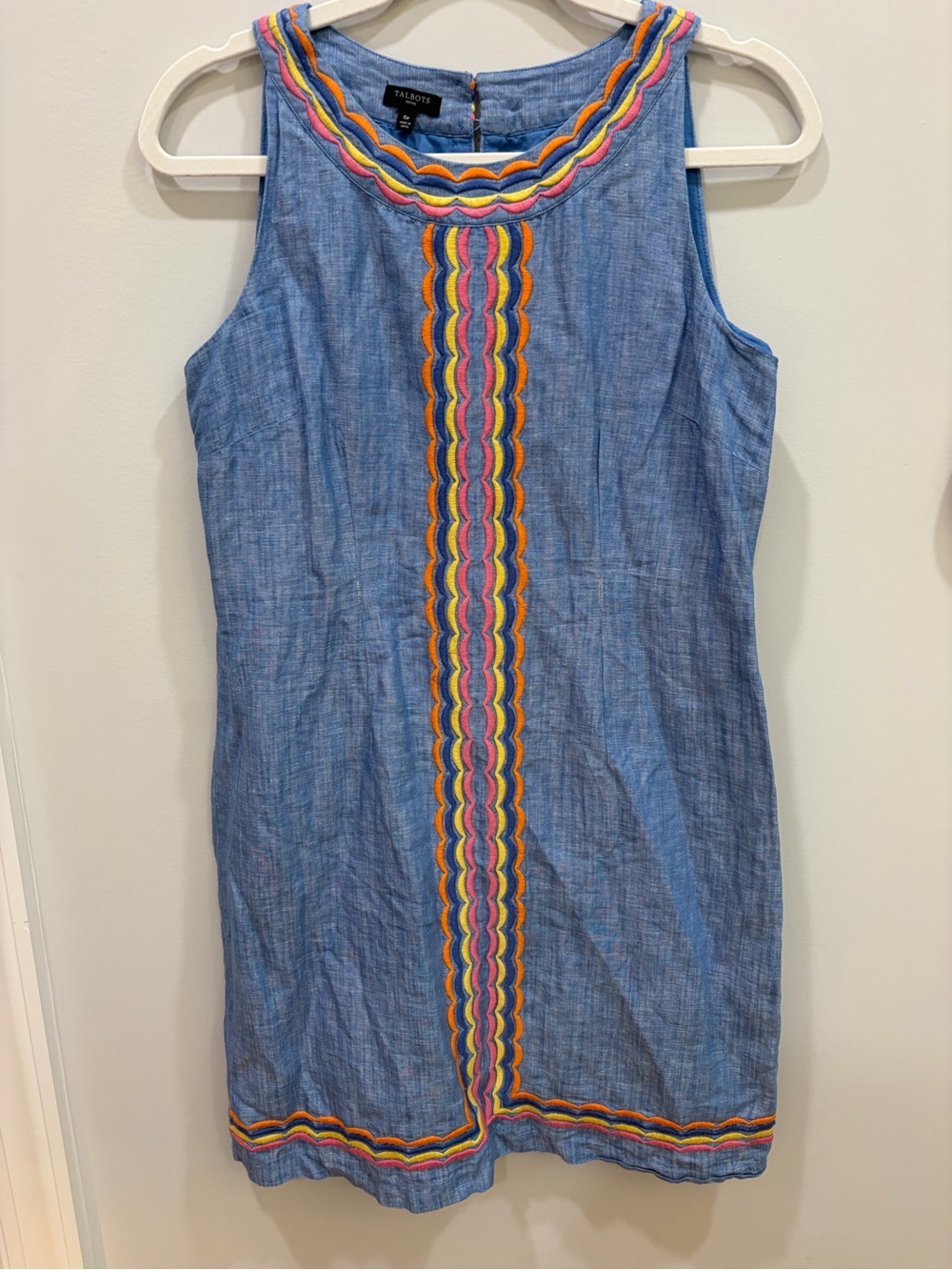 Talbots Chambray Linen sleeveless shift Dress with Multicolor Scallop Trim sz 6P